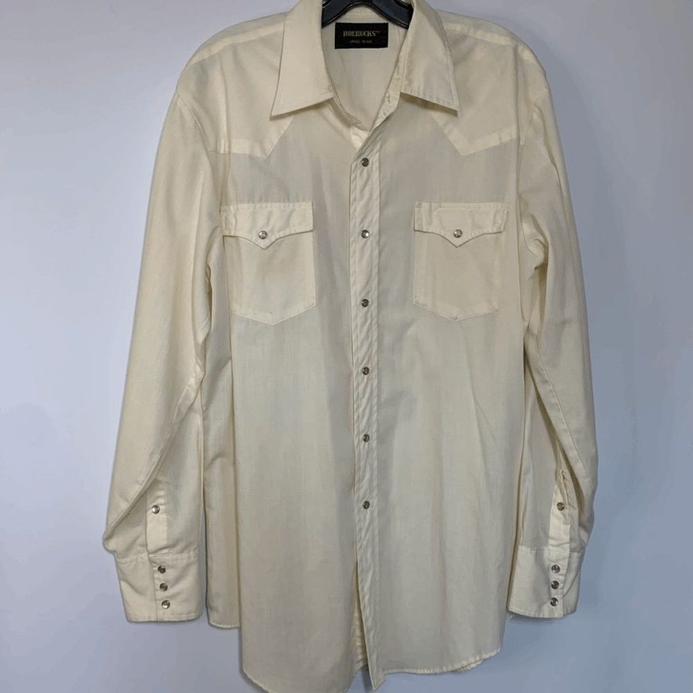 Vintage Roebucks Men's Pearl Snap Button Up Western Shirt Ivory Cream Size Large